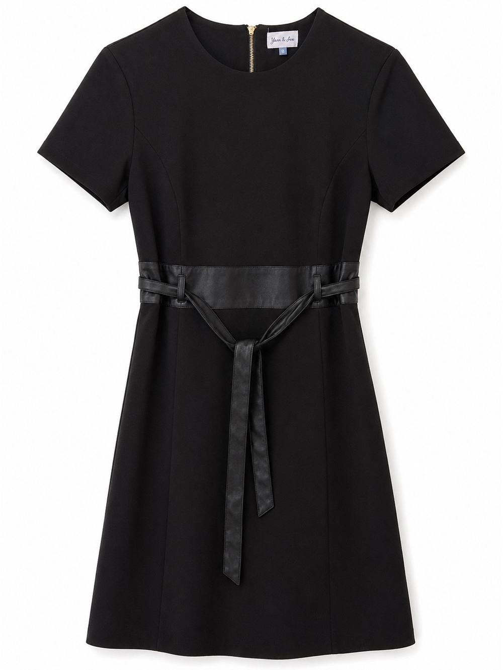 Yarn & Sea Black Short Sleeve Dress with Faux Leather Belt Size 8